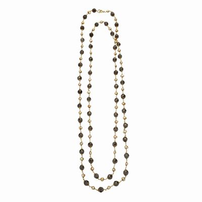 Lunga Collana in Oro Giallo, Granati e Perle