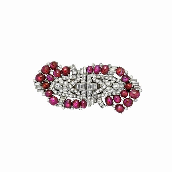 Important brooch in platinum, diamonds and rubies