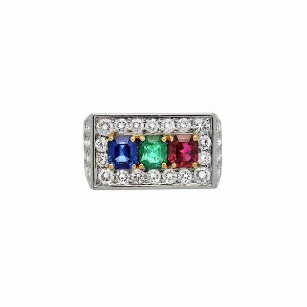 Bridge Ring in platinum, diamonds, ruby, emerald and sapphire
