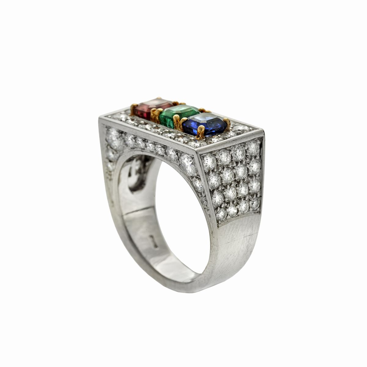Anello a Ponte in Oro Platino, Diamanti, Rubino, Smeraldo e Zaffiro