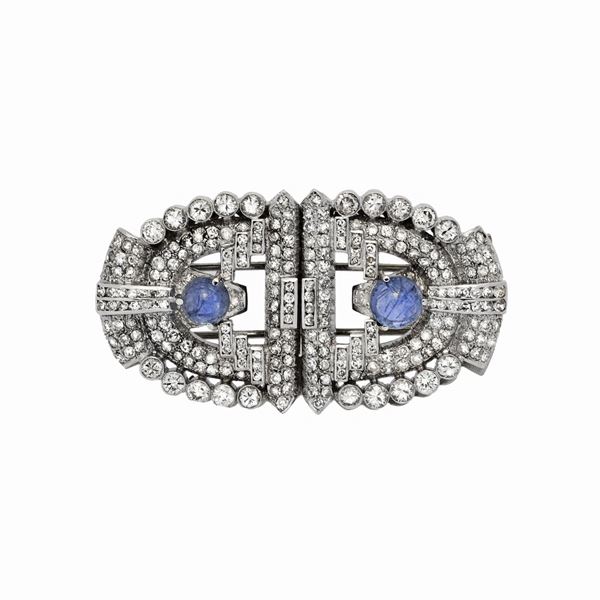 Brooch in platinum, diamond and sapphire ceylon