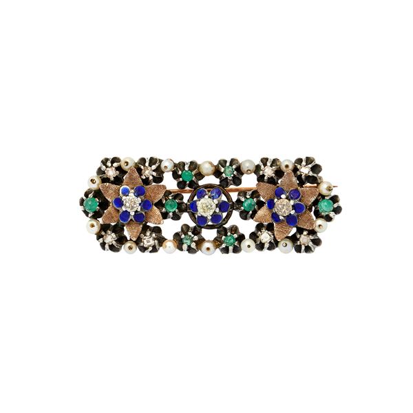 Brooch low titer gold, silver, enamel, pearls, emeralds and sapphires  - Auction Antique Jewelry, Modern, Design & Watch - Curio - Casa d'aste in Firenze