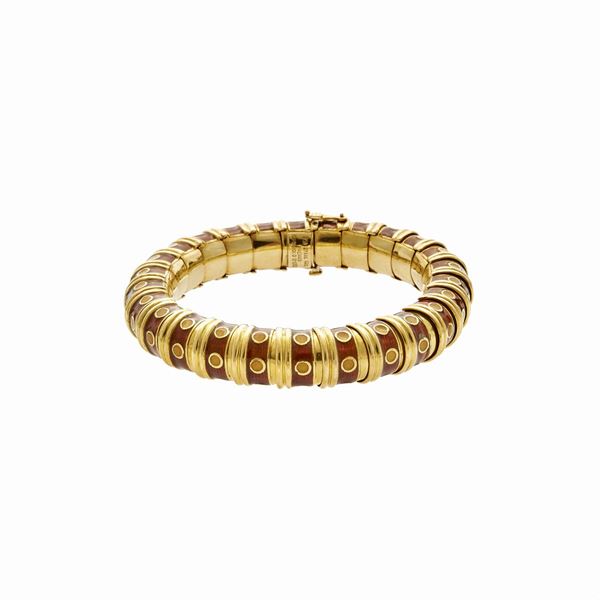 Bracelet in yellow gold and colored enamels