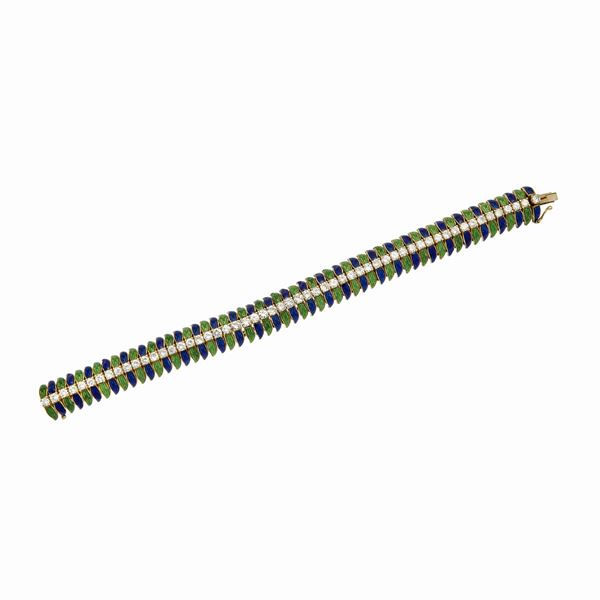 Bracelet in yellow gold, diamonds and green enamel and blue