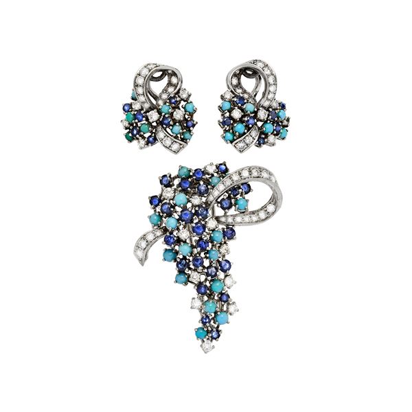 Brooch and pair of earrings in white gold, diamonds, sapphires and turquoise
