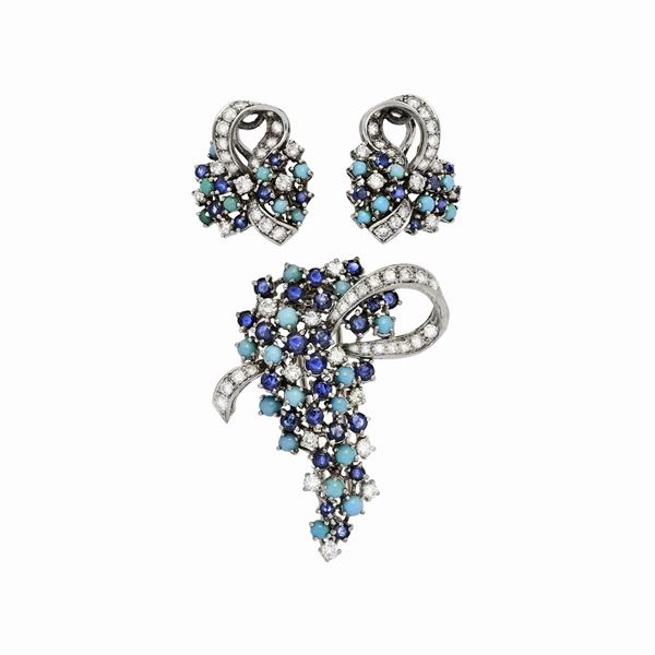 Brooch and pair of earrings in white gold, diamonds, sapphires and turquoise  - Auction Antique Jewelry, Modern, Design & Watch - Curio - Casa d'aste in Firenze
