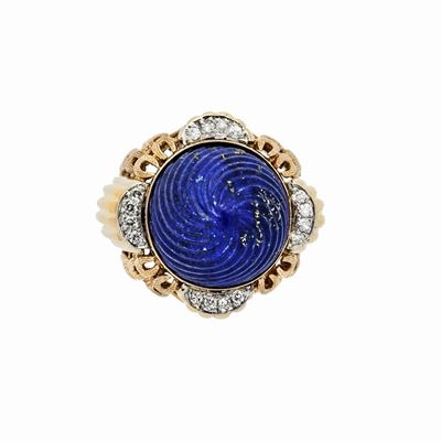 Anello in Oro Giallo, Diamanti e Lapislazzuolo
