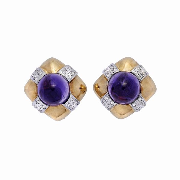 Pair of earrings in yellow gold, white gold, diamond and amethyst