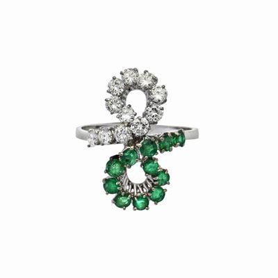 Anello in Oro Bianco, Smeraldi e Diamanti
