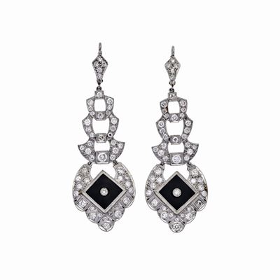 Orecchini in Oro Bianco, Diamanti e Placchette in Onice