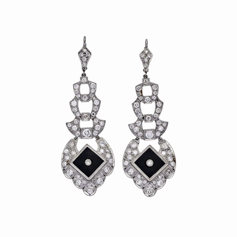 Orecchini in Oro Bianco, Diamanti e Placchette in Onice