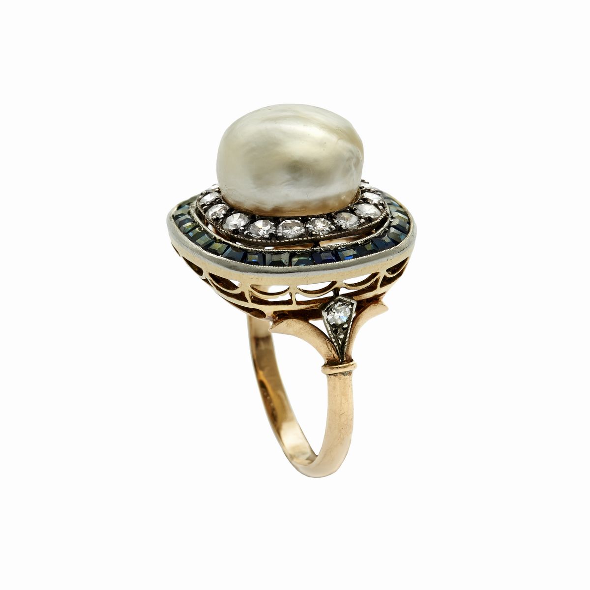 Anello a Cuscino in Oro Giallo, Argento, Zaffiri, Brillanti e Perla Naturale