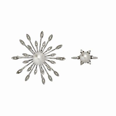 Spilla e Anello in Oro Bianco, Diamanti e Perla