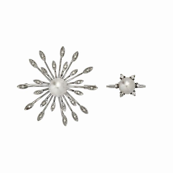 Brooch and ring in white gold, diamond and pearl