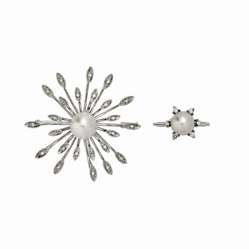 Spilla e Anello in Oro Bianco, Diamanti e Perla