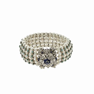 Bracciale Rigido in Oro Bianco, Perle, Turchesi, Zaffiri e Diamanti