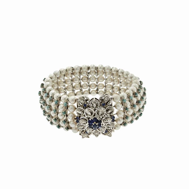 Bracciale Rigido in Oro Bianco, Perle, Turchesi, Zaffiri e Diamanti