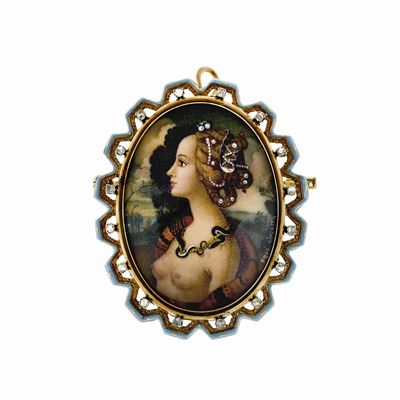 Pendente in Oro Giallo, Smalto Turchese, Diamanti e Miniatura