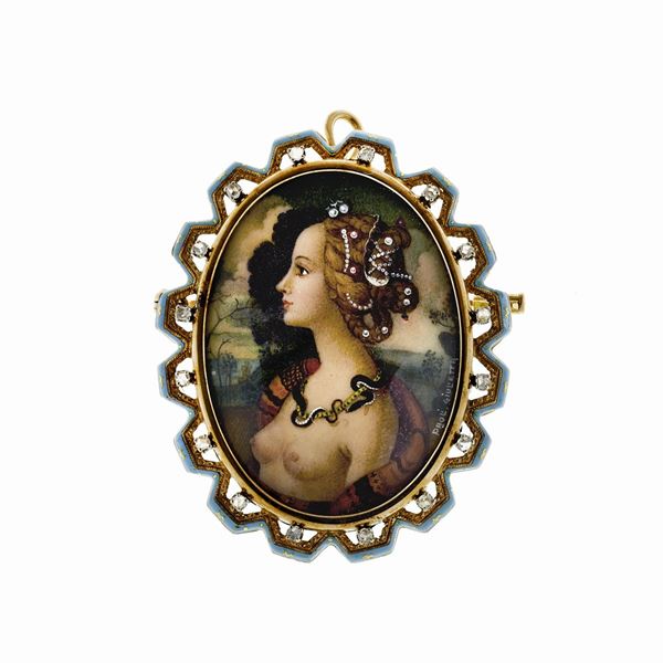 Yellow gold pendant, turquoise glaze, diamonds and miniature  - Auction Antique Jewelry, Modern and Watches - Curio - Casa d'aste in Firenze