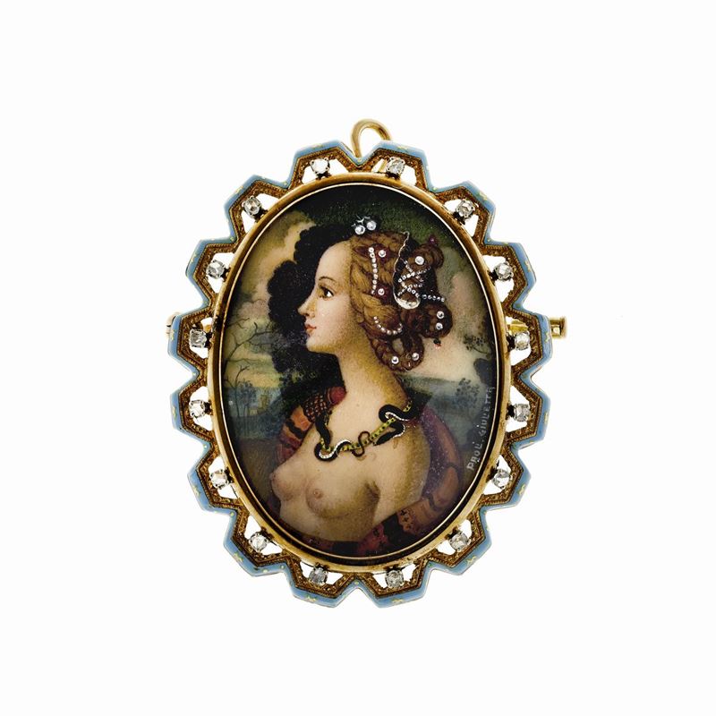 Pendente in Oro Giallo, Smalto Turchese, Diamanti e Miniatura