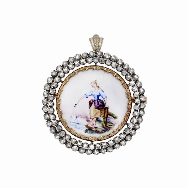 Pendente in oro a basso titolo, rose e miniatura