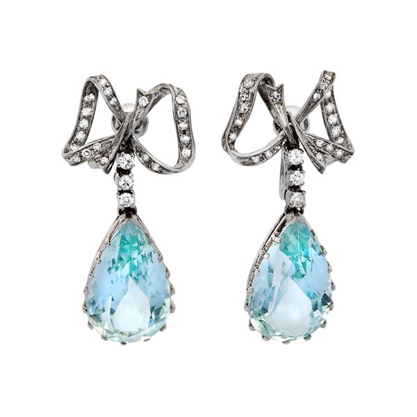 Pair of white gold earrings, diamonds and aquamarine
