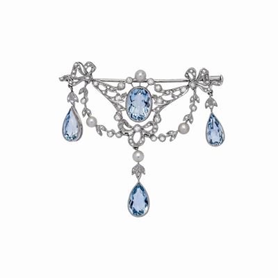 Spilla in Oro Bianco, Diamanti, Perle e Acquamarine