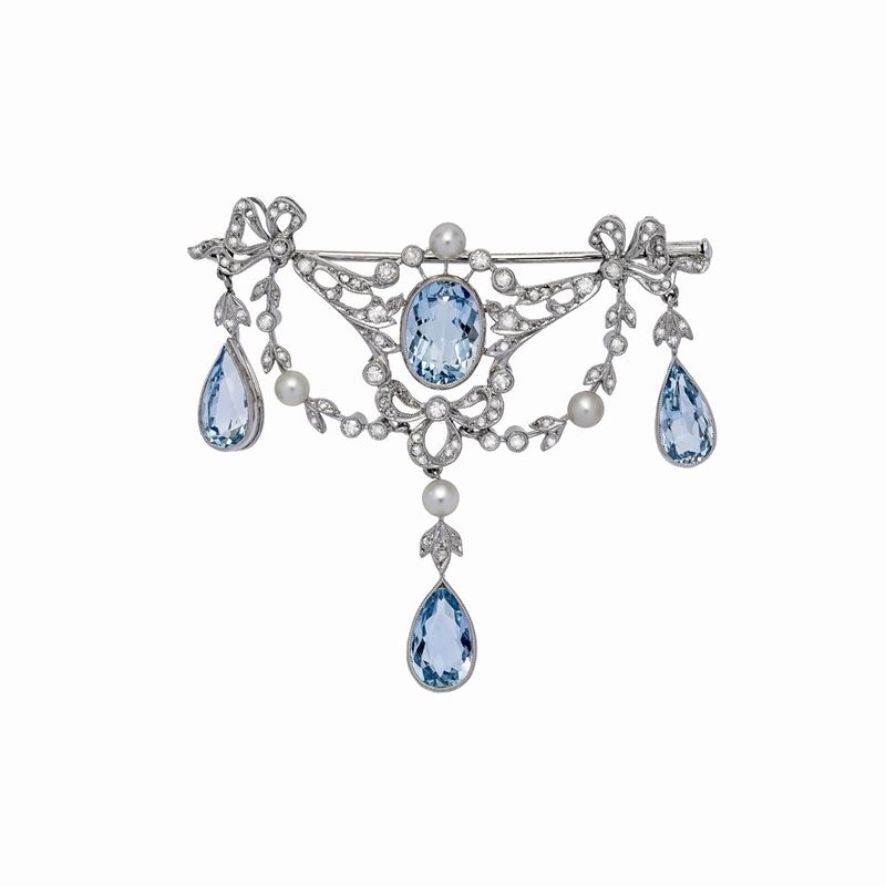 Spilla in Oro Bianco, Diamanti, Perle e Acquamarine