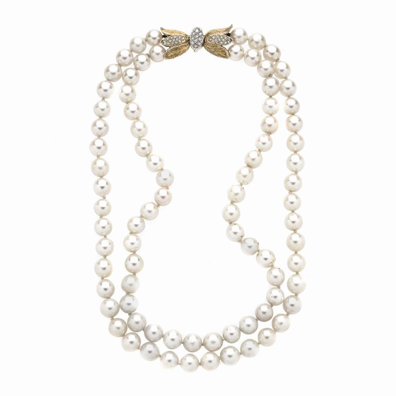 Girocollo in oro giallo, oro bianco, diamanti e perle