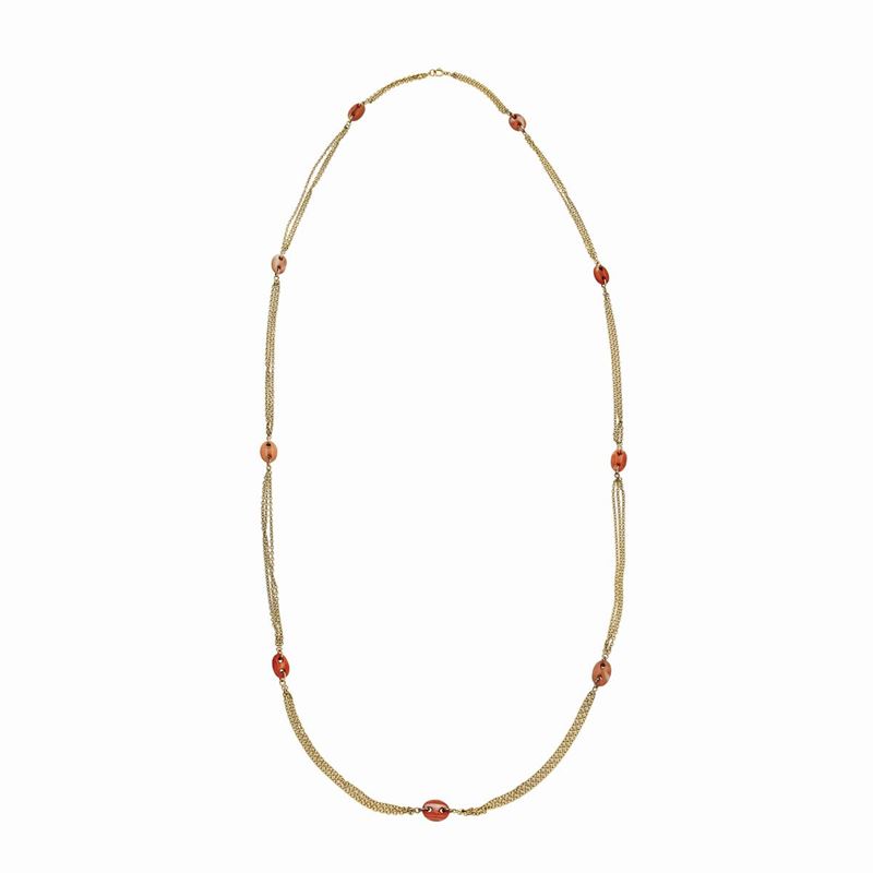 Lunga Collana in Oro Giallo e Corallo Rosa