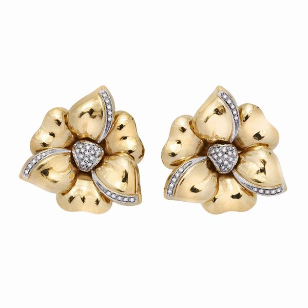 Pair of yellow gold, white gold and diamond earrings