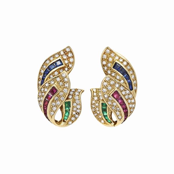Pair of yellow gold earrings, sapphires, rubies, emeralds and diamonds
