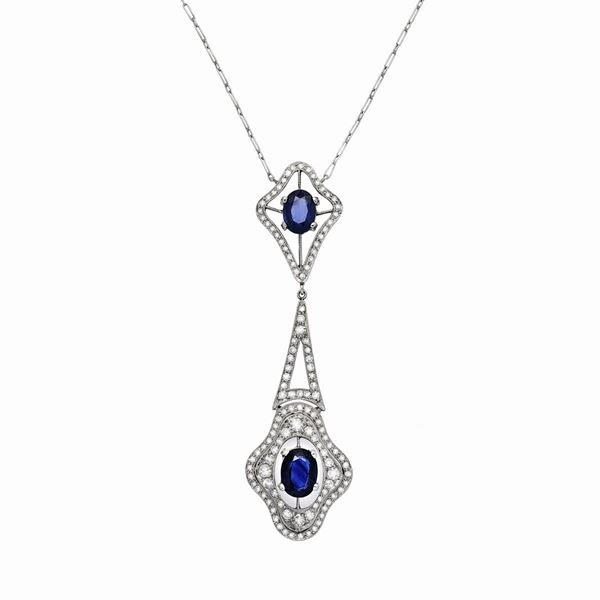 White gold pendant, diamonds and sapphires