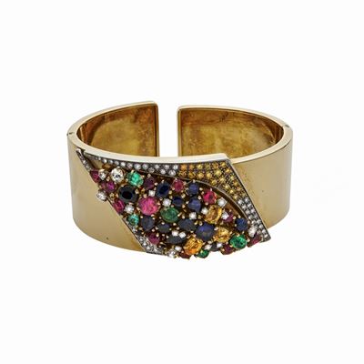 Bracciale Rigido in Oro Giallo, Diamanti, Zaffiri, Rubini e Smeraldi
