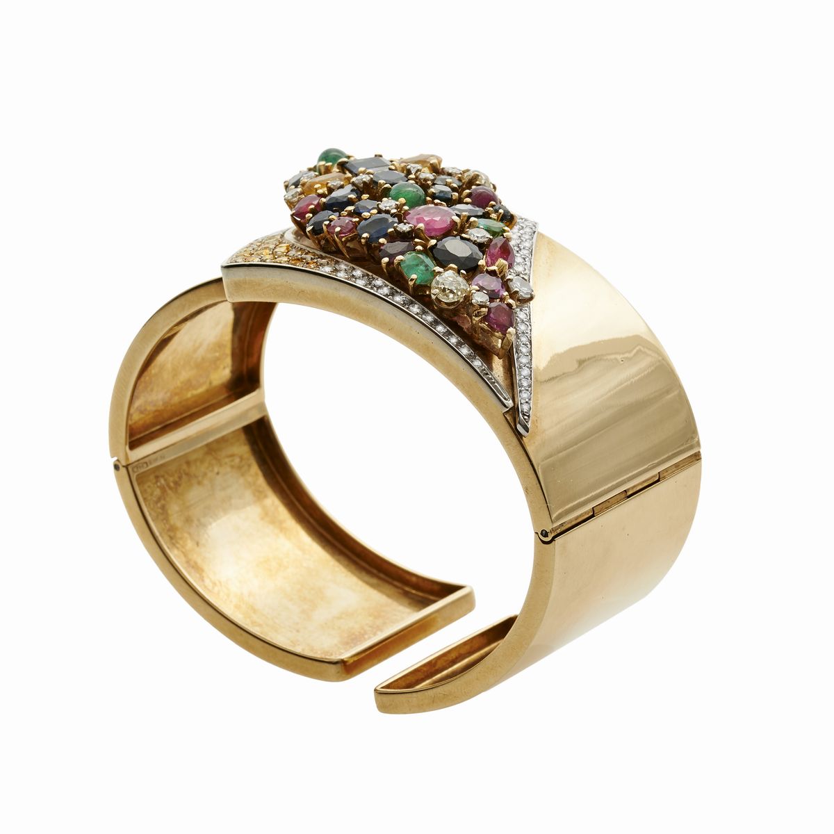 Bracciale Rigido in Oro Giallo, Diamanti, Zaffiri, Rubini e Smeraldi