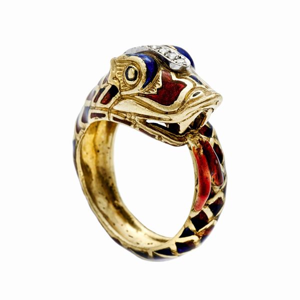 Yellow gold ring, diamonds and colored enamels