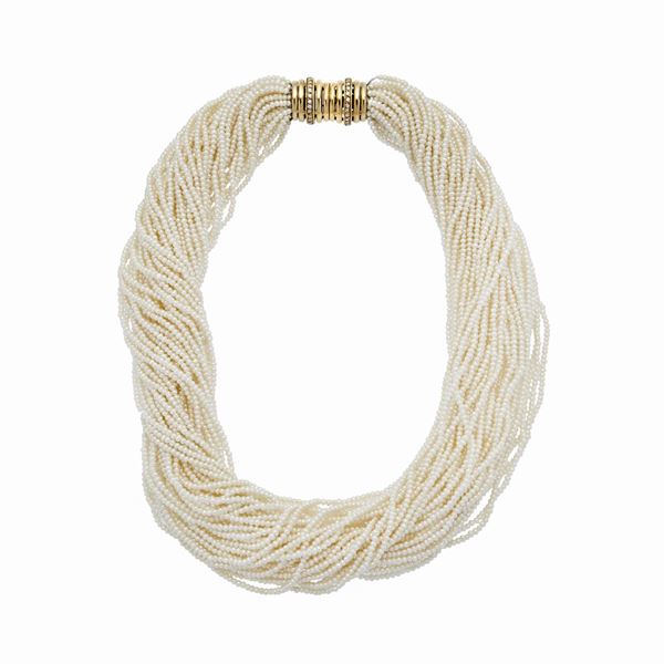 Millefile necklace in micro-beads, yellow gold and diamonds
