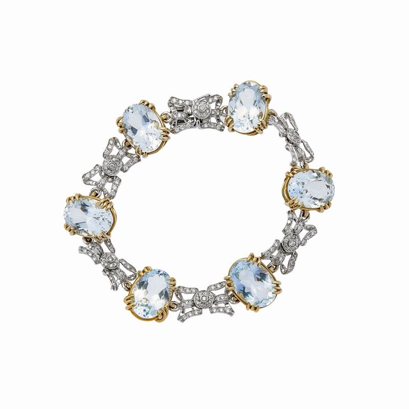 Braccialetto in Oro Giallo, Oro Bianco, Diamanti e Acquemarine