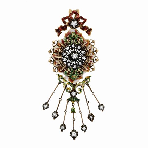 Yellow gold brooch, diamonds and colored enamels  - Auction Antique Jewelry, Modern and Watches - Curio - Casa d'aste in Firenze