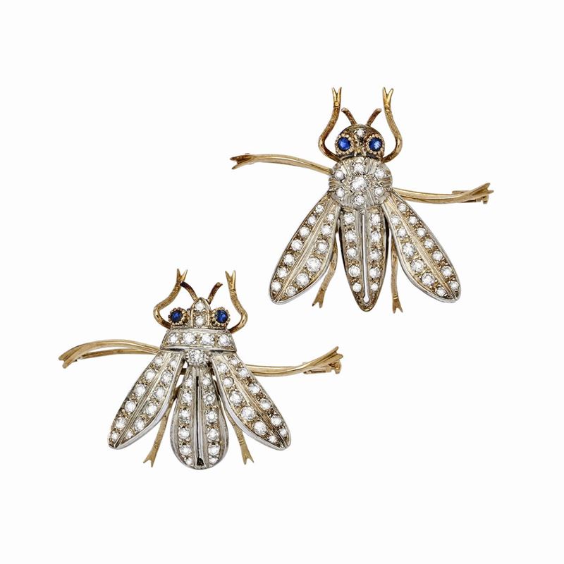 Coppia di Spille Animalier in Oro Giallo, Oro Bianco, Zaffiri e Diamanti
