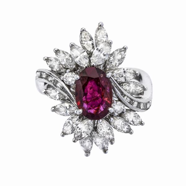 Ring in white gold, diamonds and ruby