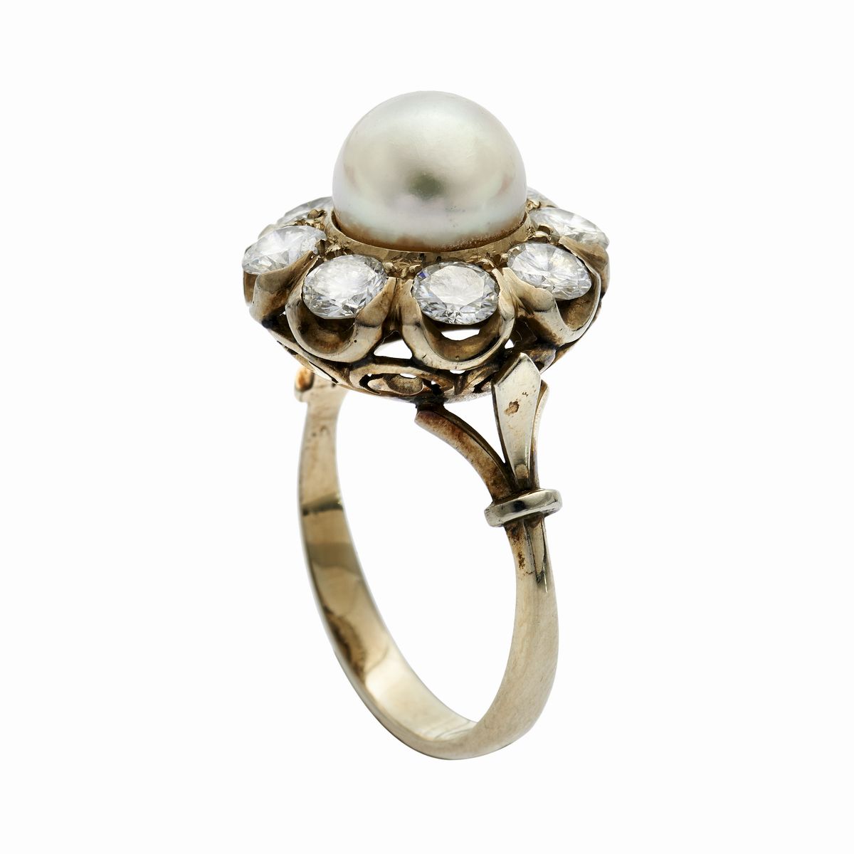 Anello in Oro Bianco, Diamanti e Perla