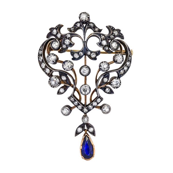 Gold brooch with low titanium, silver, diamonds and sapphires  - Auction Antique Jewelry, Modern and Watches - Curio - Casa d'aste in Firenze