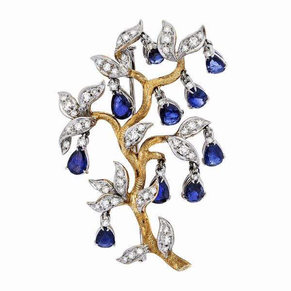 Yellow gold brooch, white gold, diamonds and sapphires