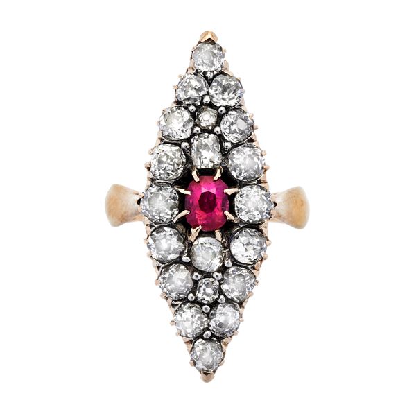 Yellow gold, diamond and ruby lace ring