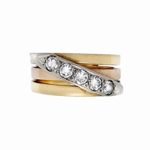 Anello in oro giallo, oro rosa e diamanti
