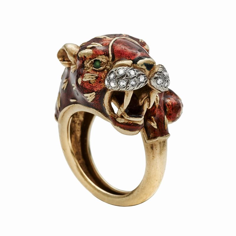 Anello in Oro Giallo, Diamanti, Smeraldi e Smalti Frascarolo