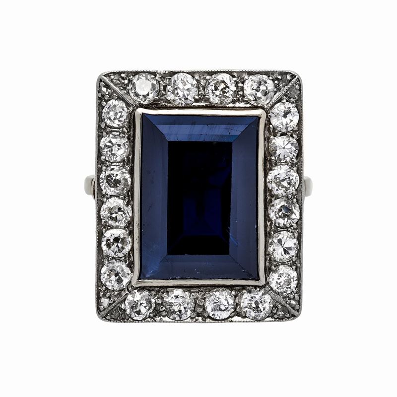 Anello in Platino, Diamanti e Zaffiro