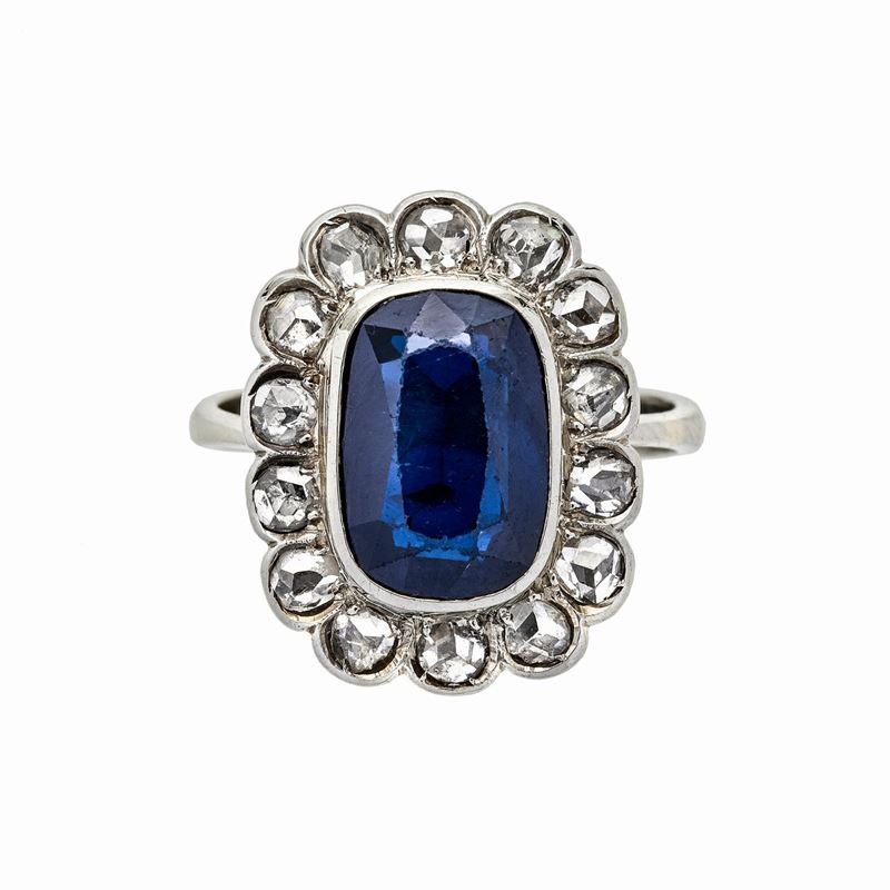 Anello in Oro Bianco, Diamanti e Zaffiro