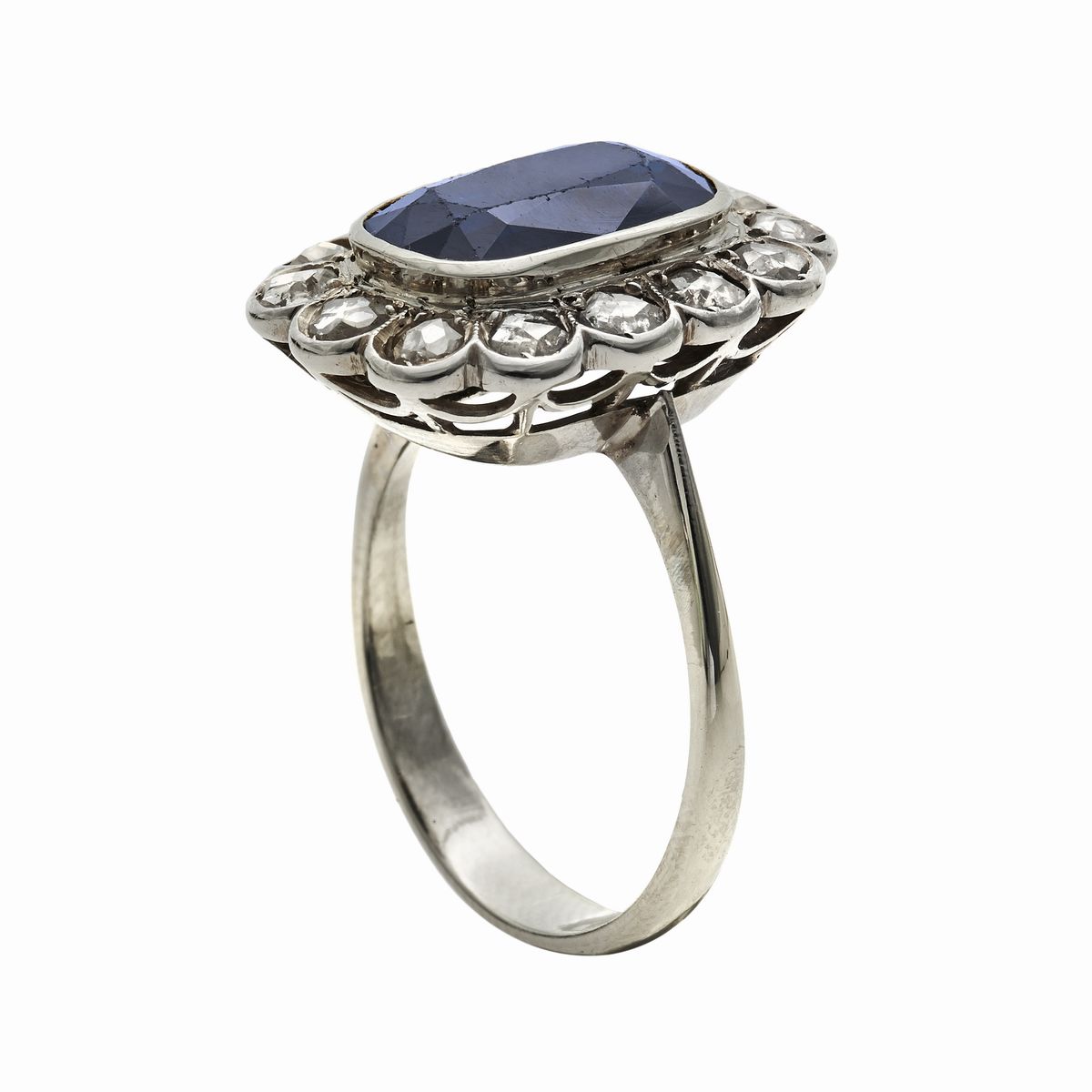 Anello in Oro Bianco, Diamanti e Zaffiro